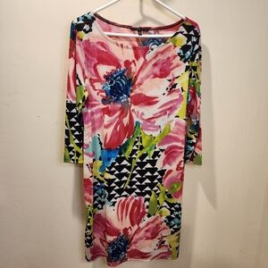 Tiana B. Vibrant Floral Dress with Geometric Accents 3/4 Sleeves Size L
